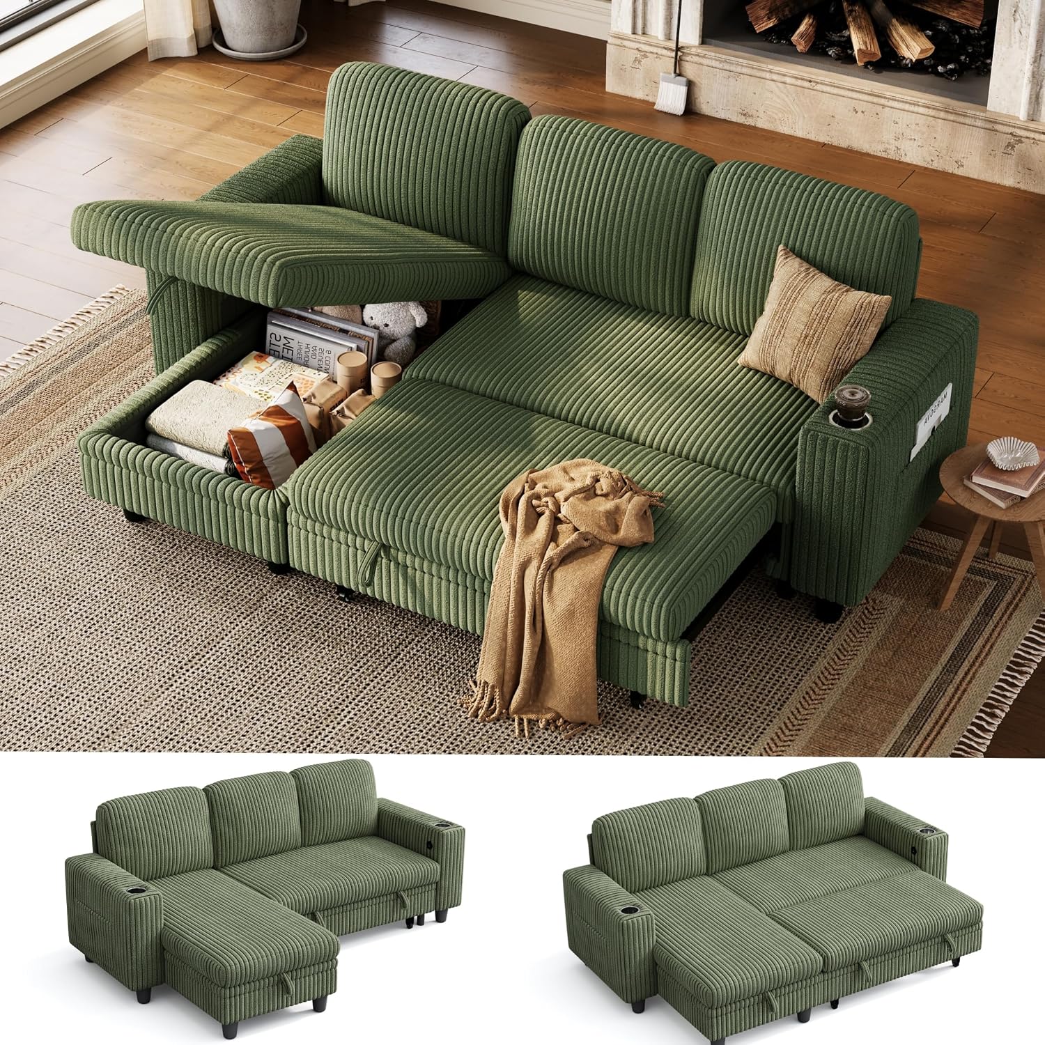 Green Corduroy L‑Shape Sleeper Sectional Sofa