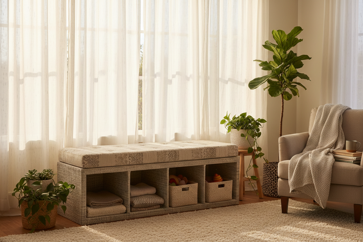 Multi-Compartment Fabric Window Storage Bench