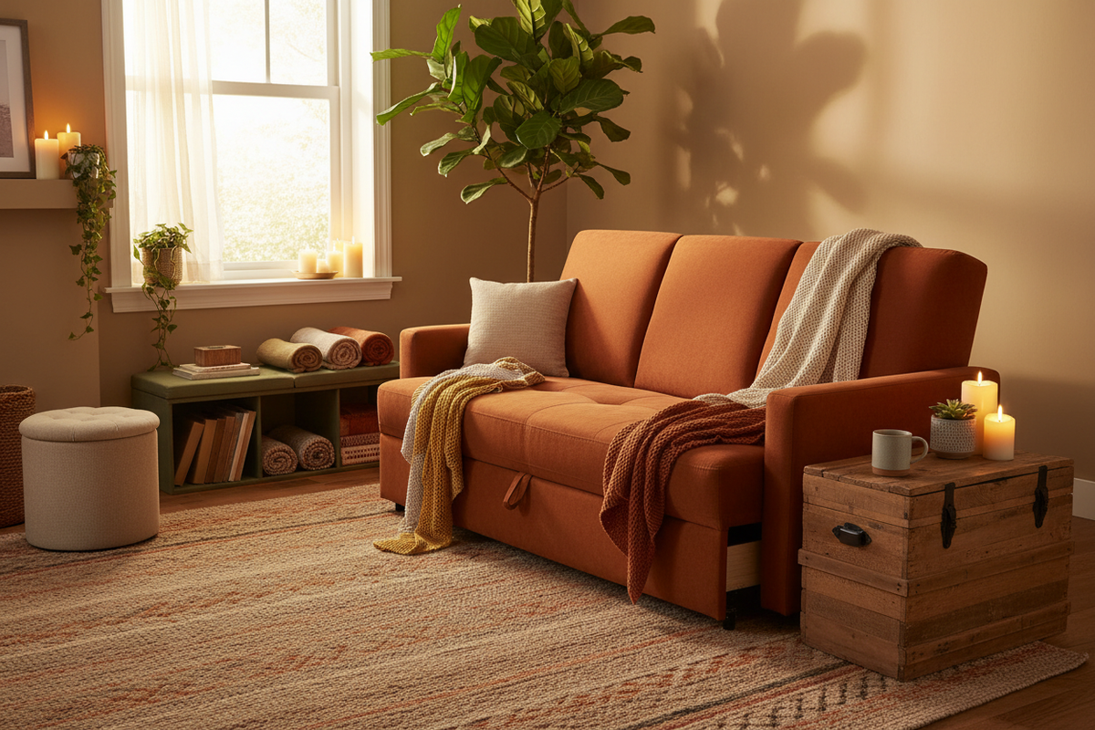 Warm Cozy Living Room with All Four Furniture Categories